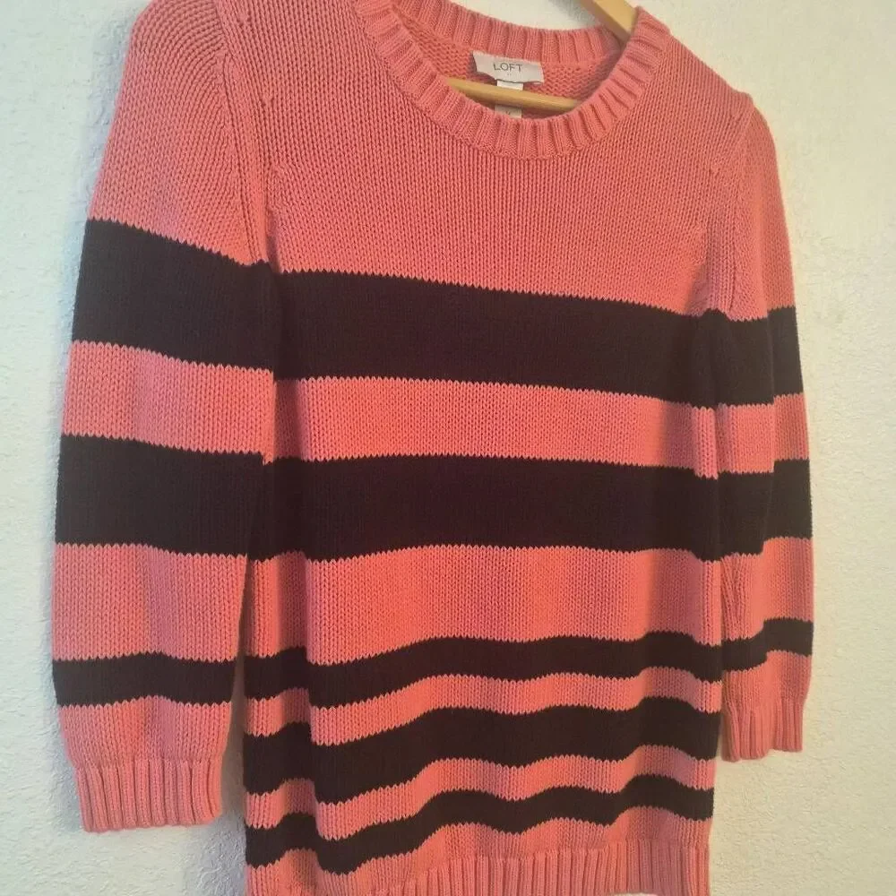 LOFT Pink & Navy Blue Striped Long-sleeve Sweater: Fun Nautical Coastal Summer
